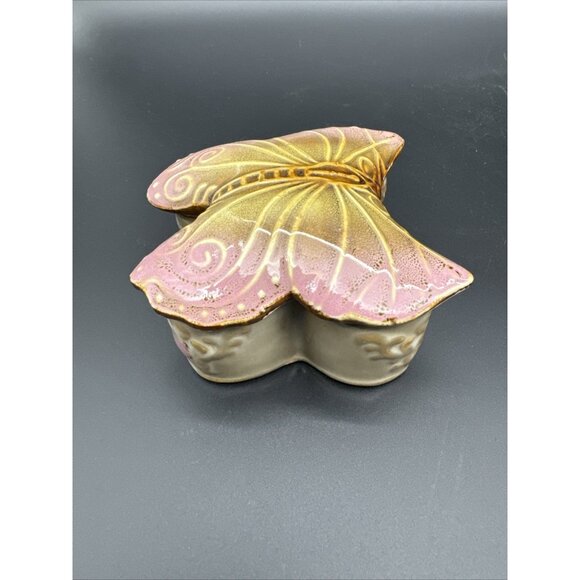 Vintage Glazed Ceramic Butterfly Pink Trinket Dish Stash Box - Picture 15 of 15